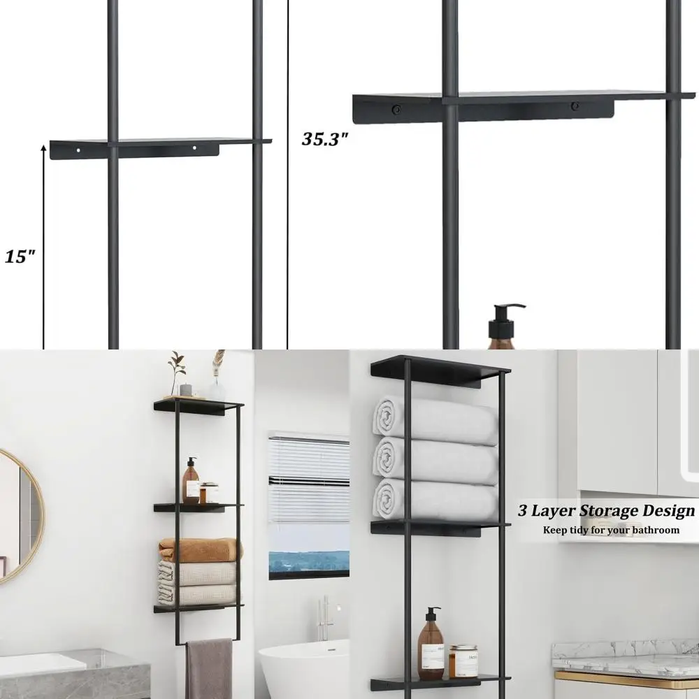 

3-Tier Wall-Mounted Bath Towel Rack with Shelf and Bar, Matte Black for Efficient Storage and Organization