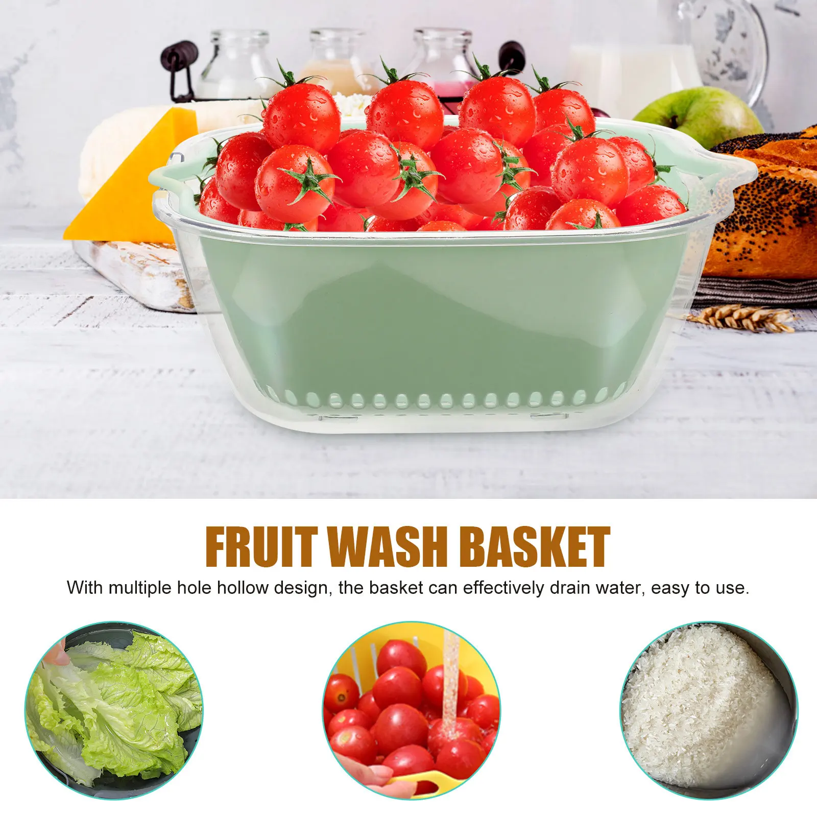 

Набор из 4 пластиковых двухслойных дуршлагов-корзин для мытья фруктов, овощей, промывки риса, слива воды, хранения на кухне