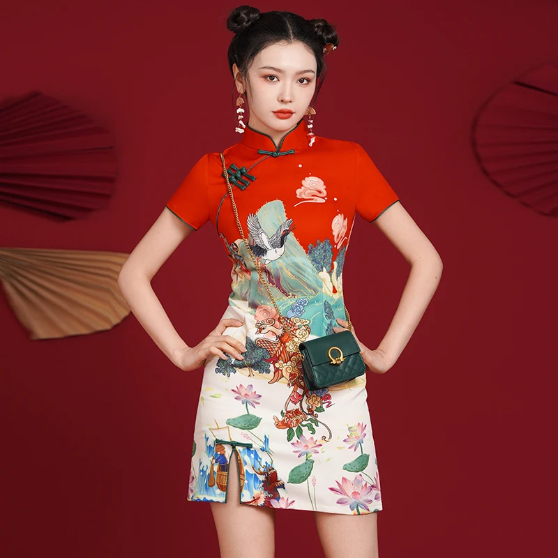 

Red National Fashion Daily Slim-fit Dress Print Retro New Chinese Style Improvement Cheongsam Young Girls Qipao