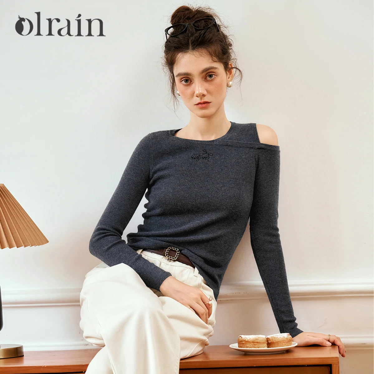 

OLrain Long Sleeve Grey Pullover Sweater Women's Autumn Knitwear Ladies Jumper 2025 Cut-out Slim Knitted Top Woman N56QZ93833