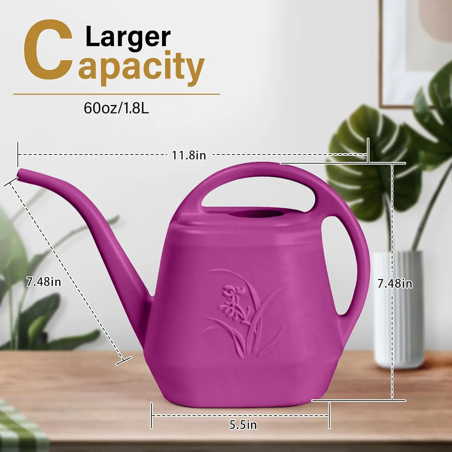 1/2 Gallon Watering Can with Long Spout for Indoor Plants and Garden Watering, Rose Red view 2
