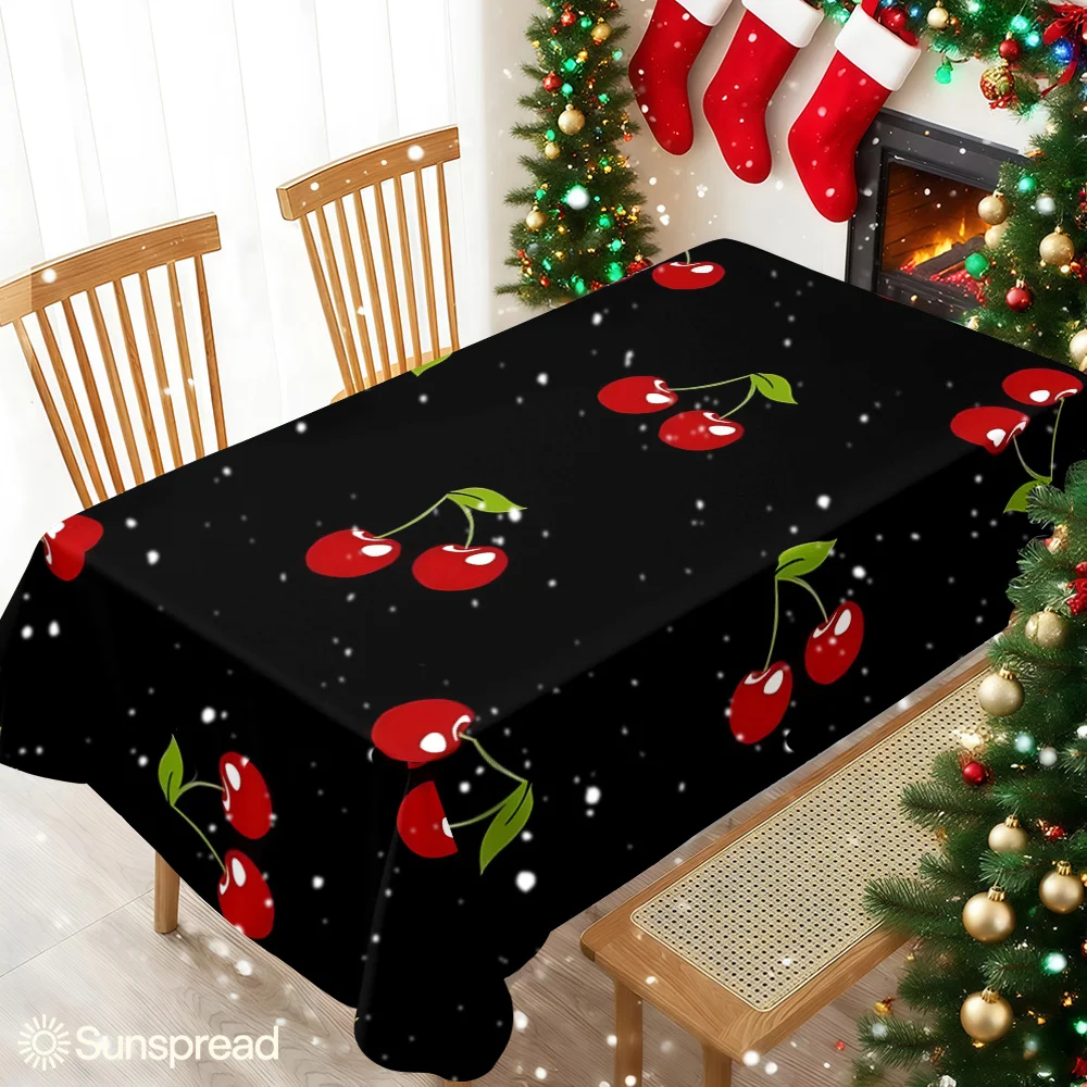 Black Red Cherry Green Leaves Waterproof table cloth, splash-proof tablecloth, for party, Halloween, Christmas, dining, camping