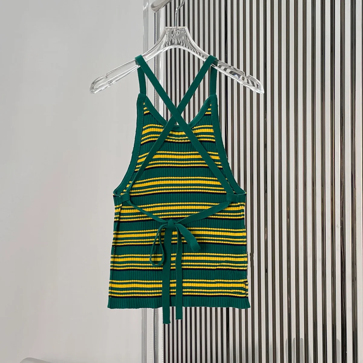 High Quality Women Striped Knit Cami Top Cross Back Tie Back Slim Cropped Sleeveless Tank Casual Daily Outfit lyt127324