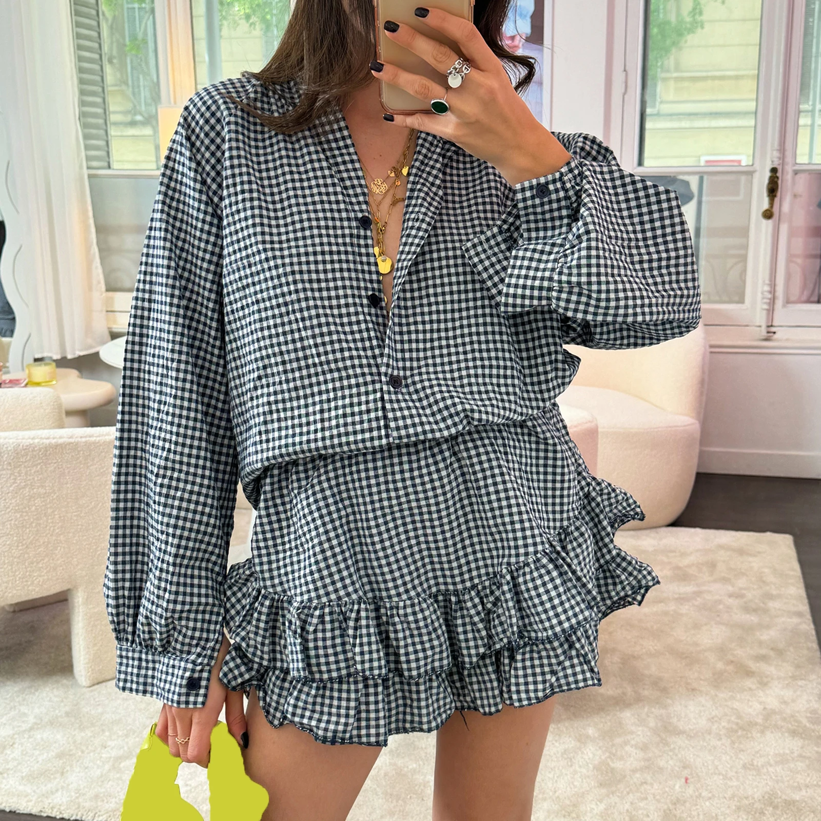 Women\'s Aesthetic 2 Piece Beach Outfit Casual Long Sleeve Button Up Plaid Top Layered Ruffle Skirt Shorts Set