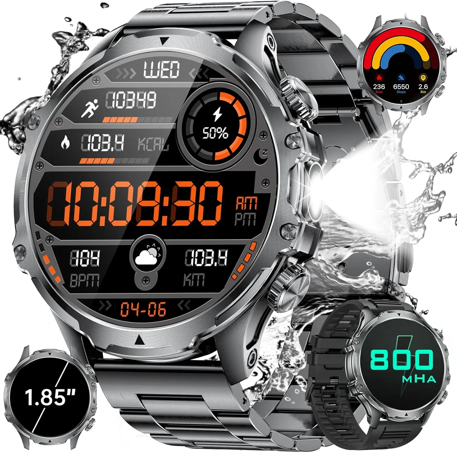 

Military Smart Watch for Men, 1.85'' HD Screen, IP68 Waterproof, Fitness Tracker Compatible with Android iOS