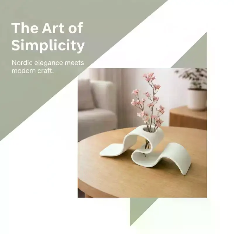 Minimalist White Plastic Vase Creative Curved Wavy Design Shatterproof Flower Vase for Living Room Home Decor
