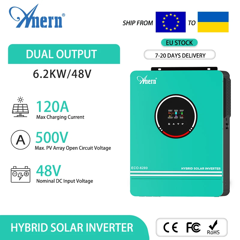 

Anern Off Grid Solar Inverter 1KW 1.6KW 3KW 6.2KW MPPT 80A 120A 230V Hybrid Inverter 12V 24V 48V MAX PV 150Vdc 400Vdc 500Vdc