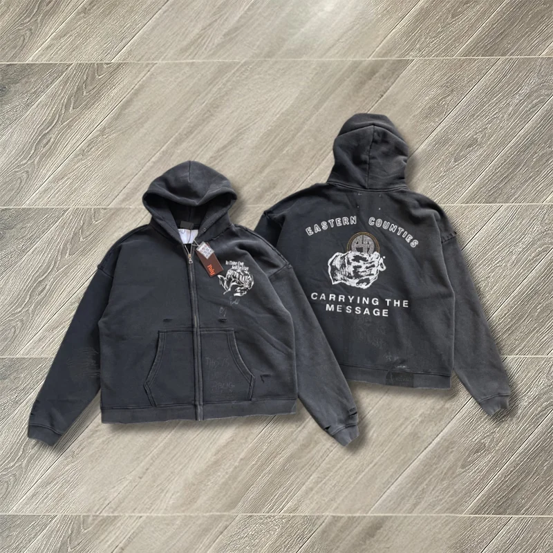 Washed Black Paly Hoodies Damaged Hole Vintage Graphics Zipper Hoody Sweatshirts Streetwear