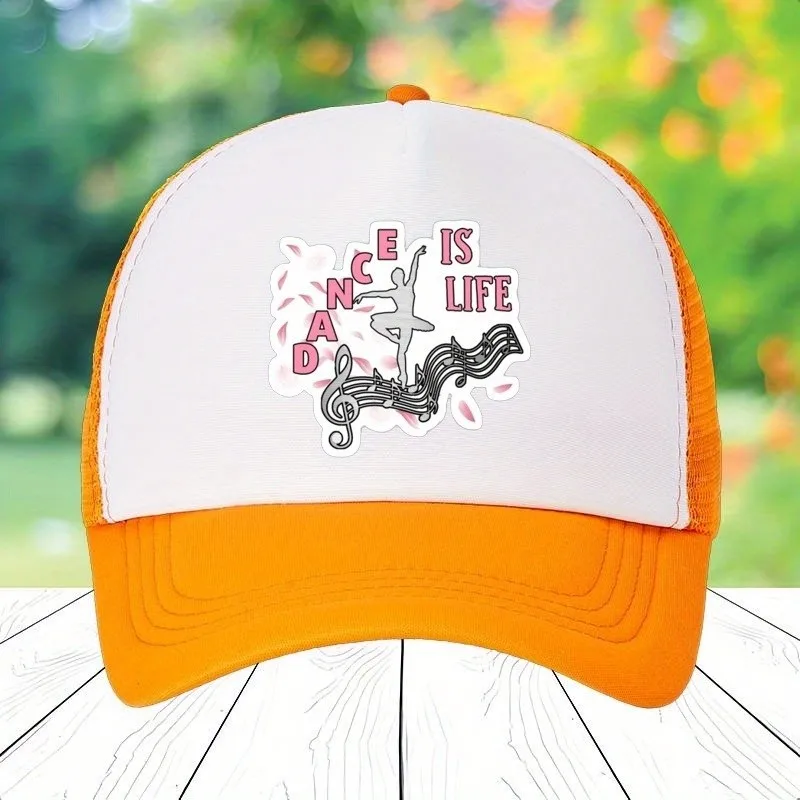 Dance is Life Adjustable Baseball Cap - White & Orange Sporty Hat with Ballet Dancer Musical Notes Design