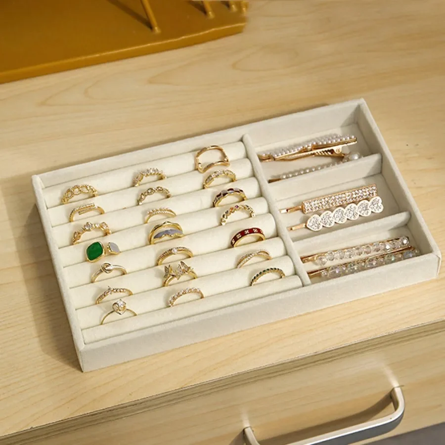 Velvet Jewelry Tray Storage Drawer Small Stackable Beige Jewelry Boxes and Packaging Suitable for Ring Earrings Simple Practical