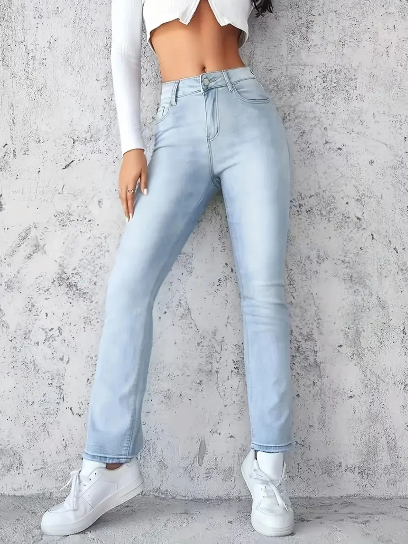 جينز عصري للمرأة Y2k نمط أزرق تمتد الدينيم السراويل مستقيم الساق الراحة تناسب عالية الخصر بنطلون خمر لباس غير رسمي #5