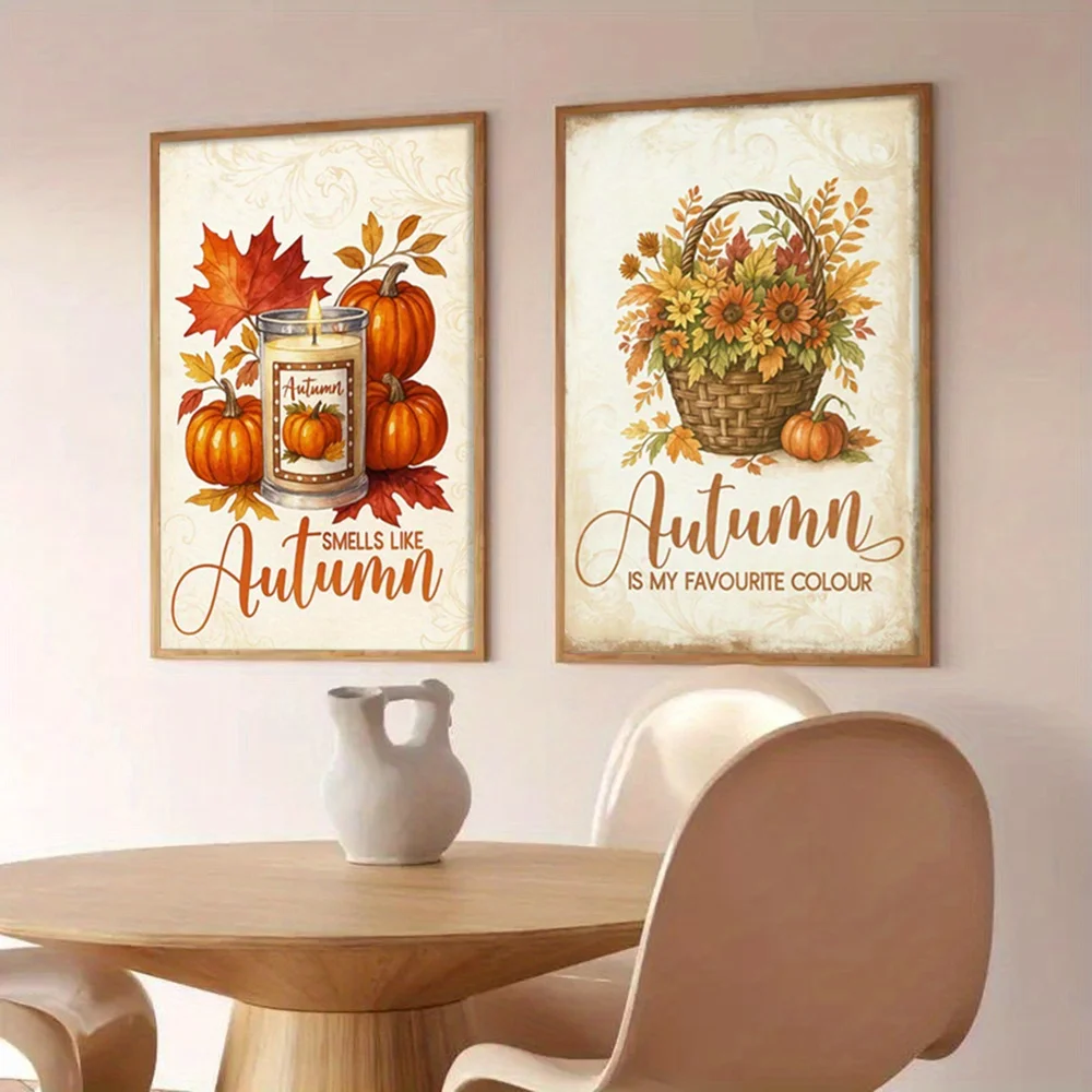 2pcs frameles,2pcs Framed Autumn-themed Art Prints, Pumpkin Season Canvas Poster, Autumn Wall Art Prints, Modern Style, Home Dec