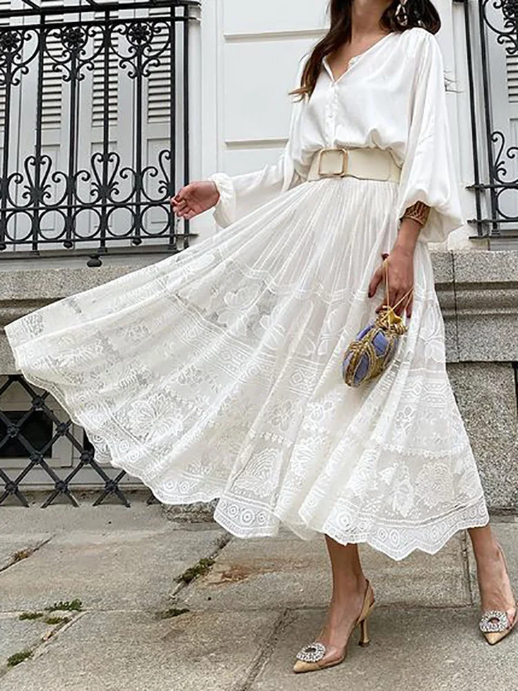 Elastic Waist Lace Patchwork Solid Maxi Skirts, Women Spring Summer Hollow Fashion Skirts, 2024 Loungewear Sweet Ladies Skirts