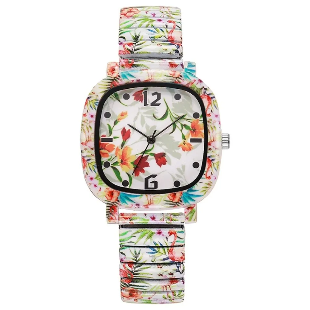 Stainless Steel Quartz Bracelet Watch Floral Printed Elastic Square Wristwatch Colorful Rainbow Gradient Stretch Strap Watch