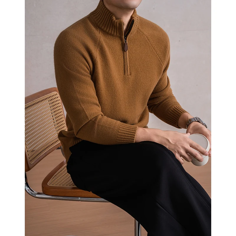 100% Sheep Wool Thick Clothes Men 2025 Winter Classic Zipper Sweaters Male Mock Neck Cashmere Wool Warm Knitwear Pullovers