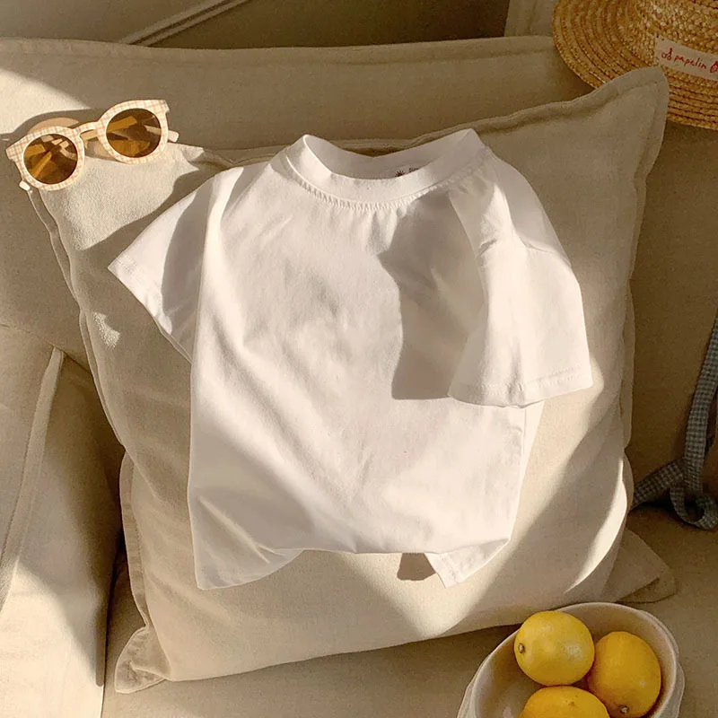 Children's White Short Sleeved T-shirt Summer Korean Version Loose Boys and Girls Solid Color Top Shirt