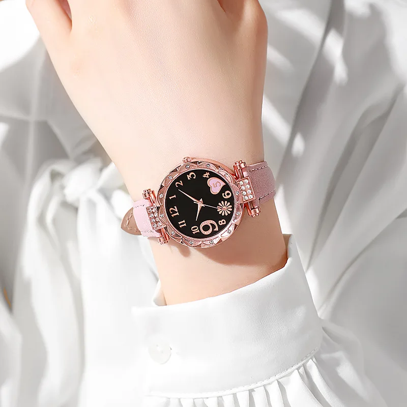 2/1 Uds. Relojes de mujer con esfera de corazón a la moda, reloj de cuarzo con banda de cuero de lujo, conjunto de pulsera con diamantes de imitación, reloj femenino