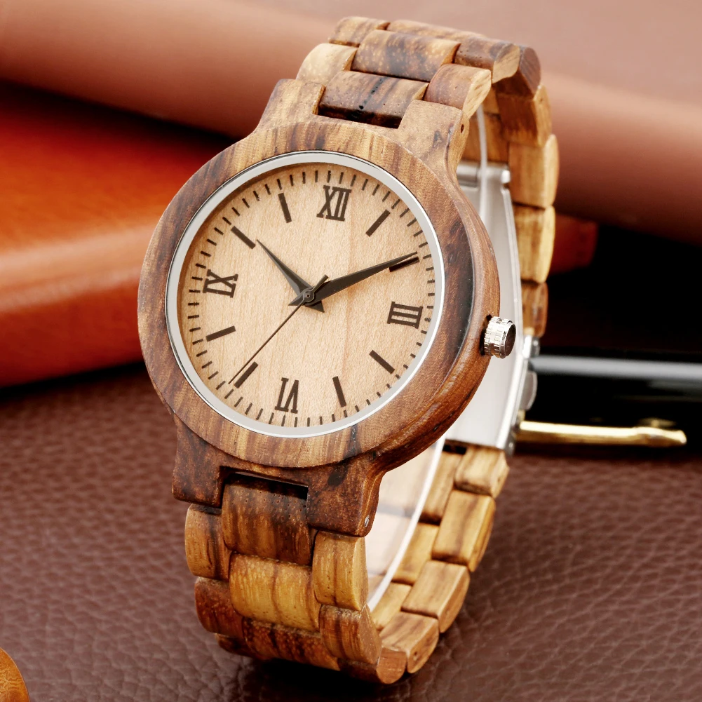 Natural Fashion Zebrawood Bangle Men\'s Watch Full Wooden Watch Strap Quartz Wristwatch Vintage Casual Man Clock Folding Clasp