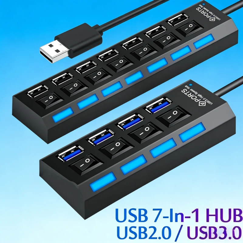 2026 Multi-function High Speed 7-Port USB 2.0 Hub, One-to-Seven USB Extension Splitter, Portable Data Hub for PC Laptop Desktop