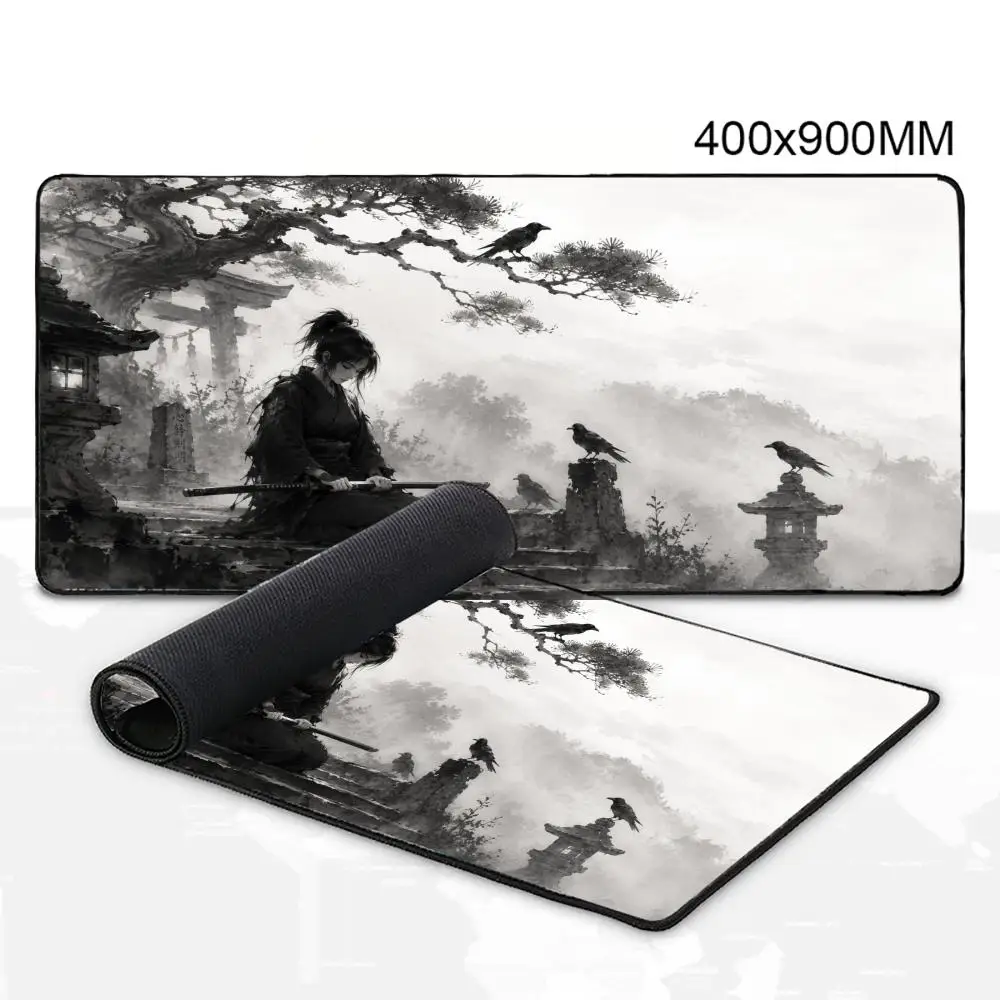 Japanese Ink Wash Female Ronin Katana Crow Misty Shrine Scene Desk Mat Large Anti-Slip Extended Gaming Keyboard Mouse Pad