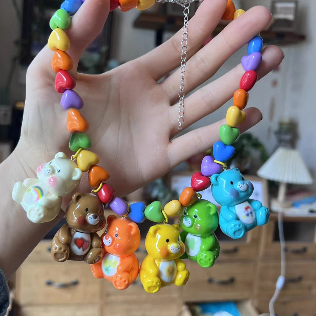 Rainbow heart beads boho Gift Cute New Cartoon Bear Necklace for Women Girl pearl Acrylic Bear Pendant Necklace Jewelry Wedding