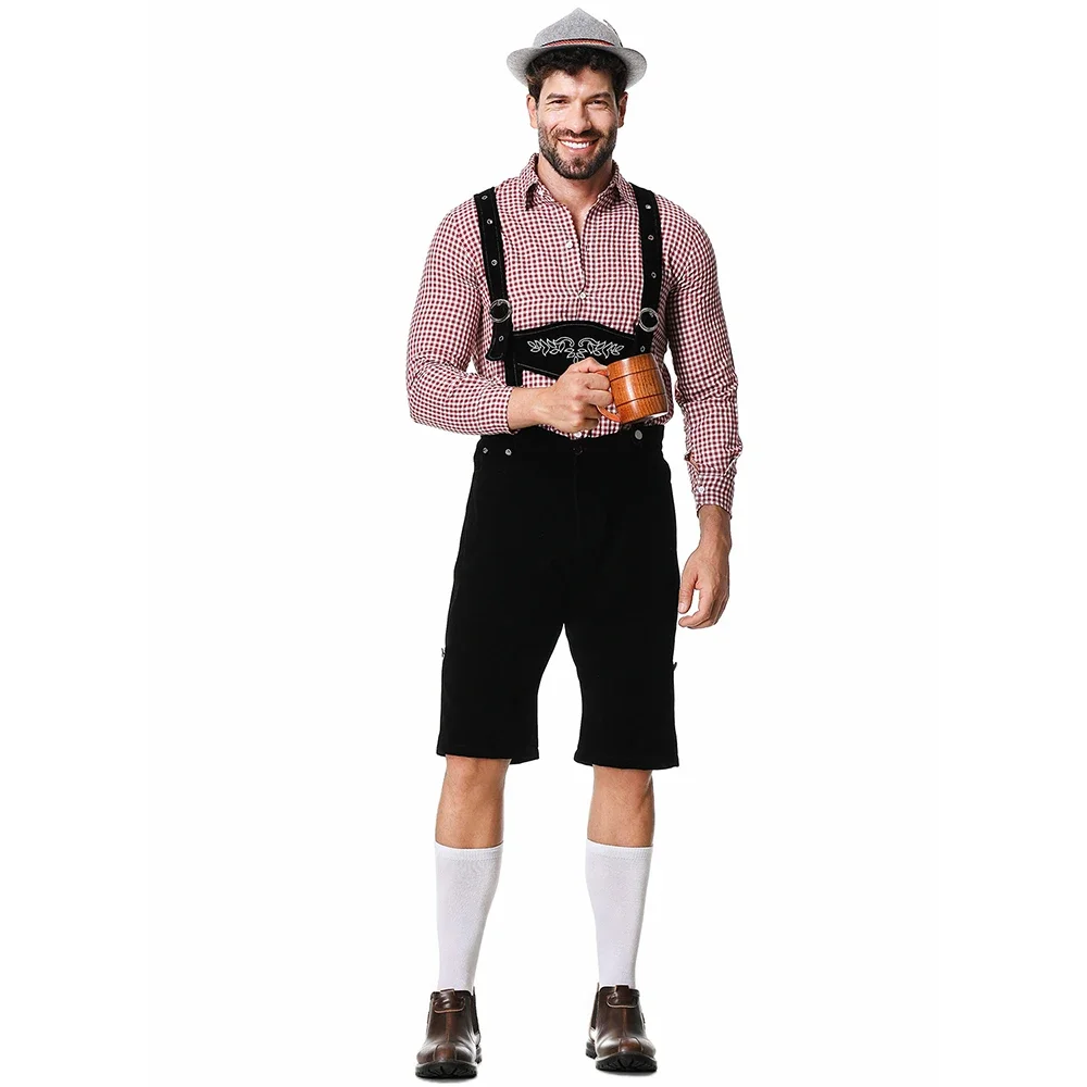 Herren Bayerisches Oktoberfest Lederhosen Kostüm Deutsches Bierfest Hosenträger Strampler Hemd Hut Set Halloween Cosplay Kostüme – Detail 10