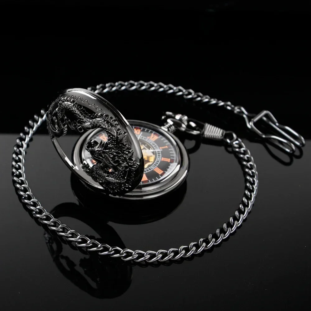 Vintage Mechanical Pocket Watch Mens Hand-winding Skeleton Dragon Chain Retro Pendant Timepiece Roman Numerals Display Clock