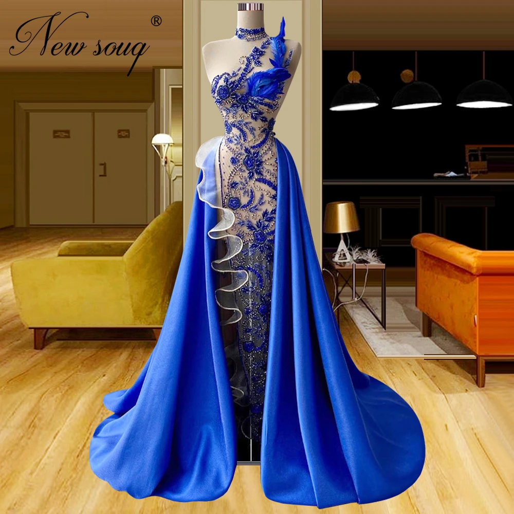 Royal Blue Borduren Kralen Avondjurken Luxe Een Schouder Prom Dress Couture Dubai Wedding Party Toga Vestido De Noiva