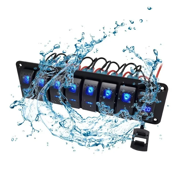7 Gang Rocker Switch Panel Caravan Marine Boat Switch Panel Waterproof with USB Charger Voltmeter for Auto RV Vertical UTV Truck