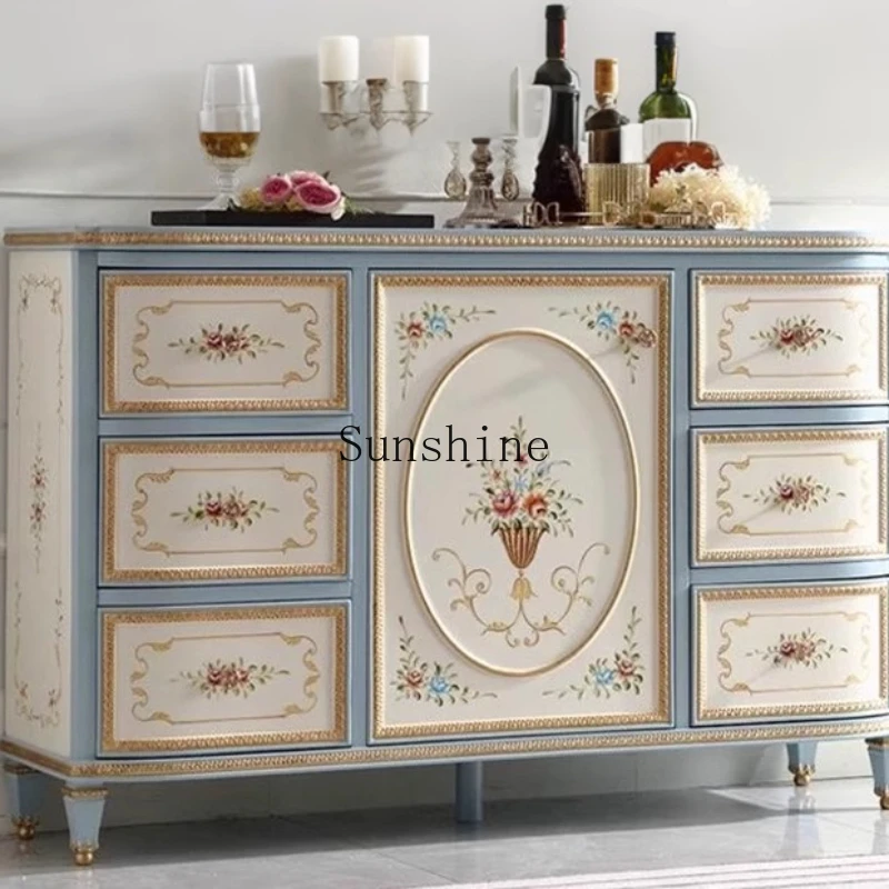 

French retro solid wood dining side cabinet, painted storage foyer of palace villa, entrance entrance storage