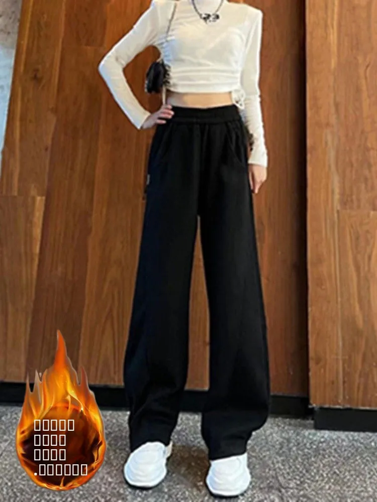 

Американские широкие брюки на флисовой подкладке для женщин больших размеров, осенне-зимние, свободные, струящиеся, фасона «бананы», спортивные брюки