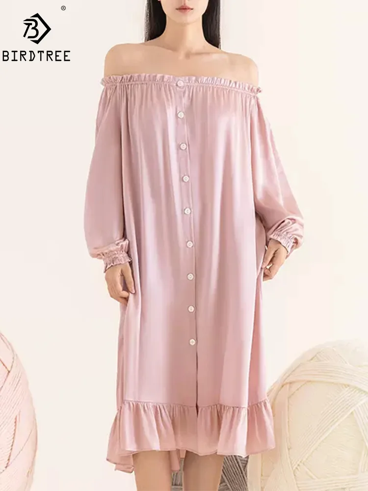 BirdTree, 6A 19MM 100%Real Silk Nightgown, Women Slash Neck Long Sleeve, Sexy Comfortable Pajama Dress, 2024 Summer New P44696QM