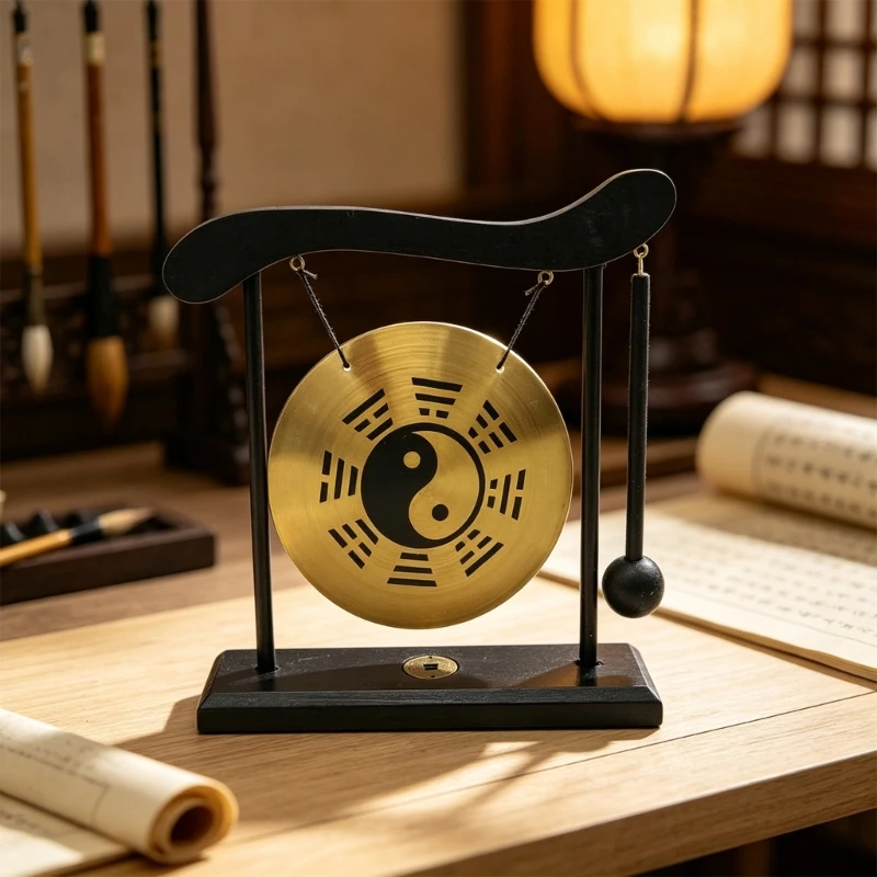 Hanging Gong Tabletop Ornament with Stand and Mallets, Gold-Tone Engraving Decors for Desk Shelf Entryway Display 87HA