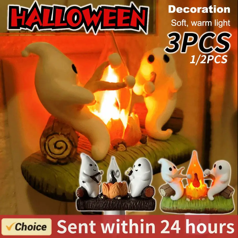 1-3PCS Halloween Decoration Ghost Campfire Flickering Nightlight 2 Ghosts Roasting Plug Wall Spooky Fire Marshmallow Night Light