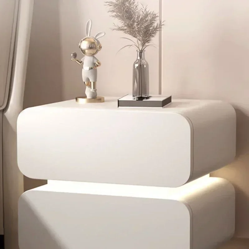 Intelligent solid wood bedside table, milk oil style bedroom, simple bedside storage cabinet, light luxury and high-end feel