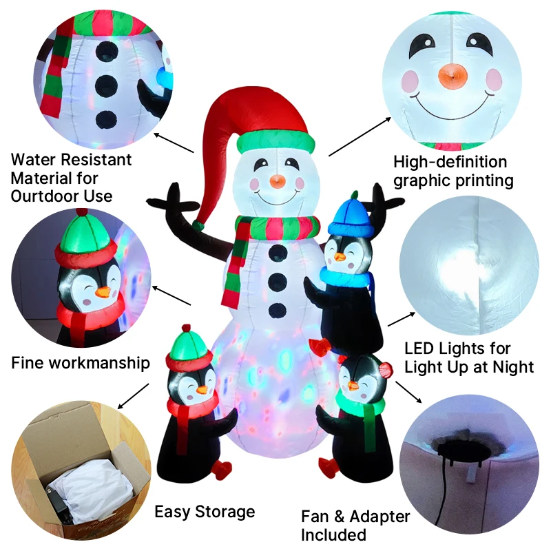 5.9FT Snowman Penguins Stack Inflatable Christmas Decorations Xmas Ornaments Lights Outdoor Home Yard Holiday Party Decor Toys