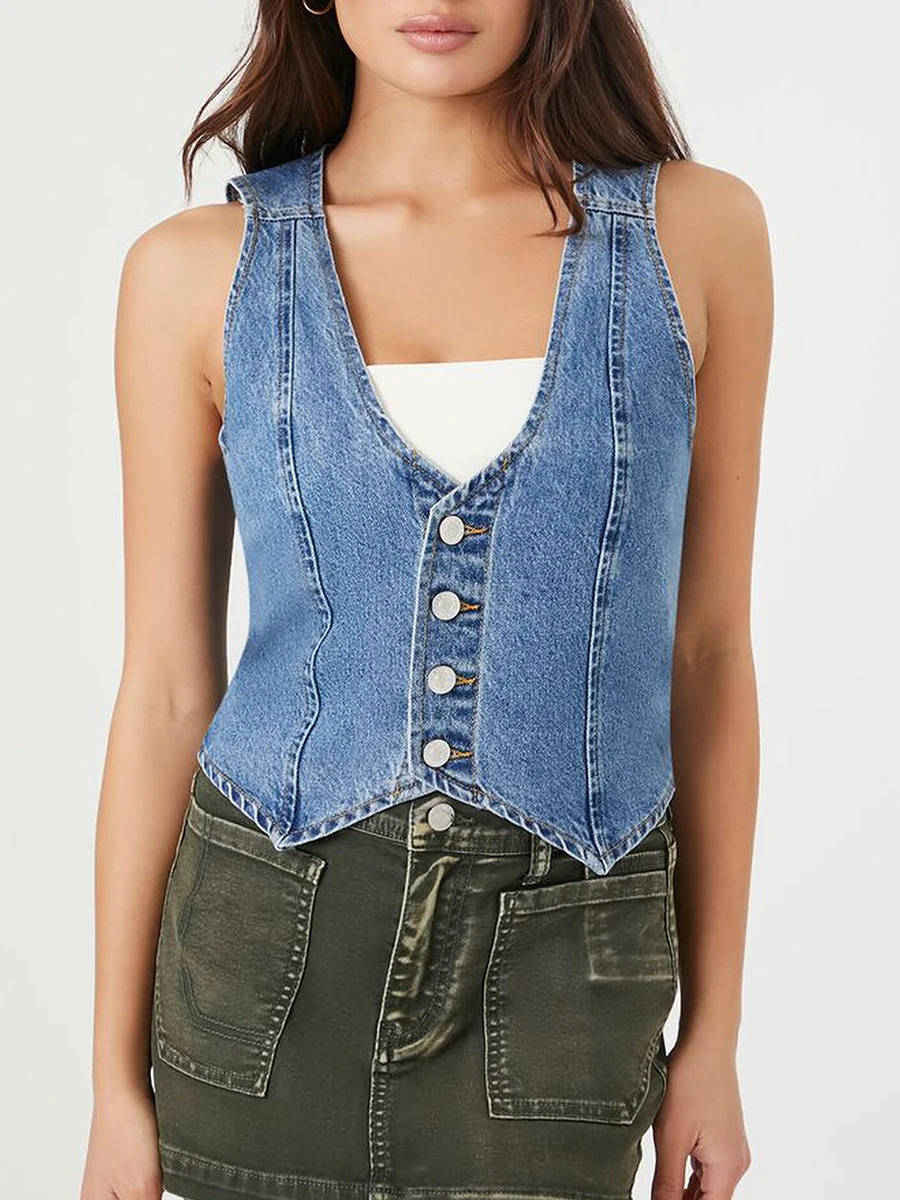 

Women's Vintage Denim Waistcoat Sexy V Neck Sleeveless Button Down Denim Vest Casual Cropped Going Out Jean Tank Tops