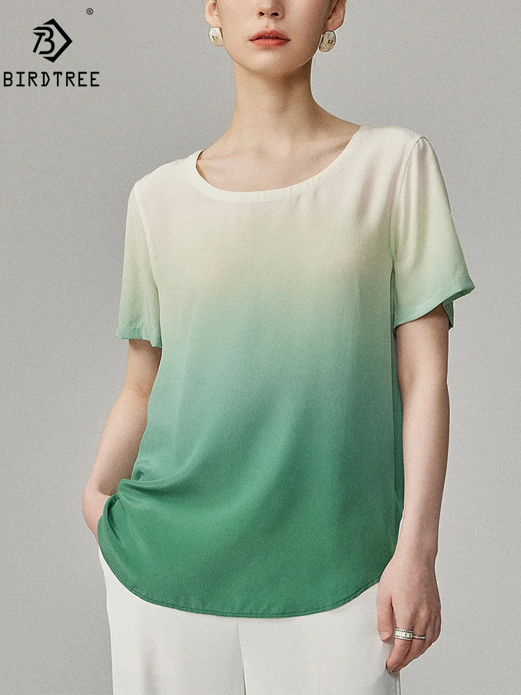 BirdTree, 100%Real Silk Elegant T-Shirt, Women Short Sleeve Gradient, Versatile OL Fashion Tops, 2024 Summer New Tee T45662QM