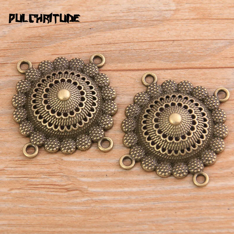 PULCHRITUDE 4pcs 34*34mm New Product Two Color Zinc Alloy Round Hollow Flower Connectors Jewelry Making DIY Handmade Craft