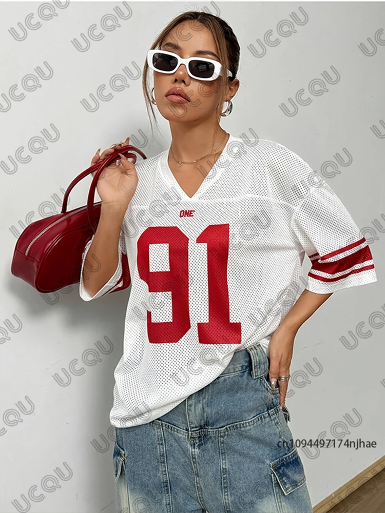 2026 neue Weiß Nr. 91 Drucken T-Shirt Für Frauen Sommer V-ausschnitt Kurzarm Mesh Sport Fußball Jersey Y2K Casual Übergroßen tops