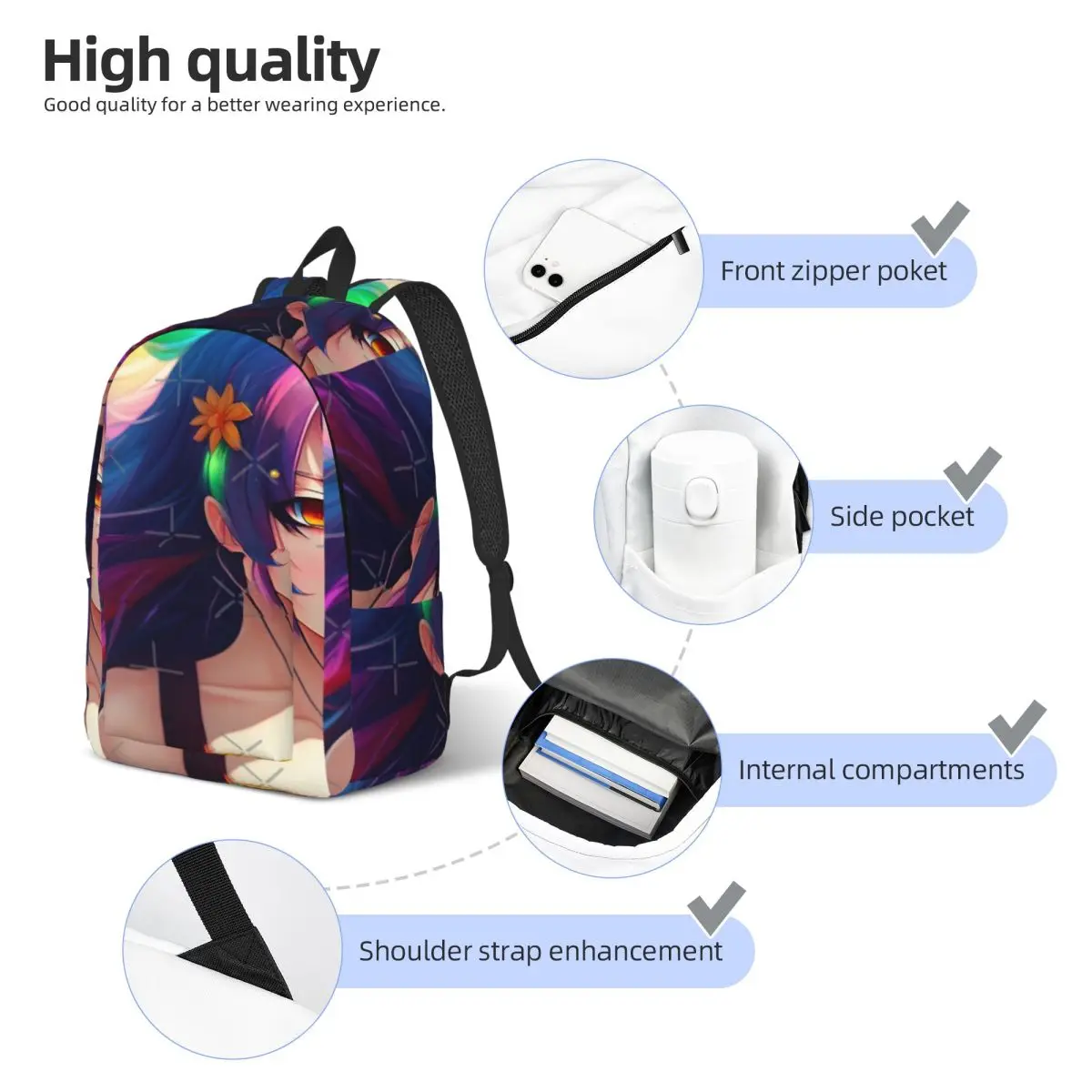 أنيمي فتاة مع الشعر متعدد الألوان AI الفن بسيطة وأنيقة على ظهره قماش حقيبة الظهر رجل على ظهره #4