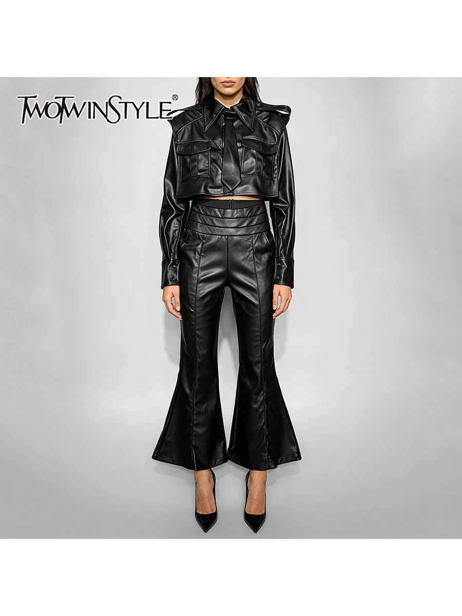 

TWOTWINSTYLE однотонные модные кожаные комплекты из двух предметов для женщин, женский комплект брюк с высокой талией и длинными рукавами с лацканами и карманами