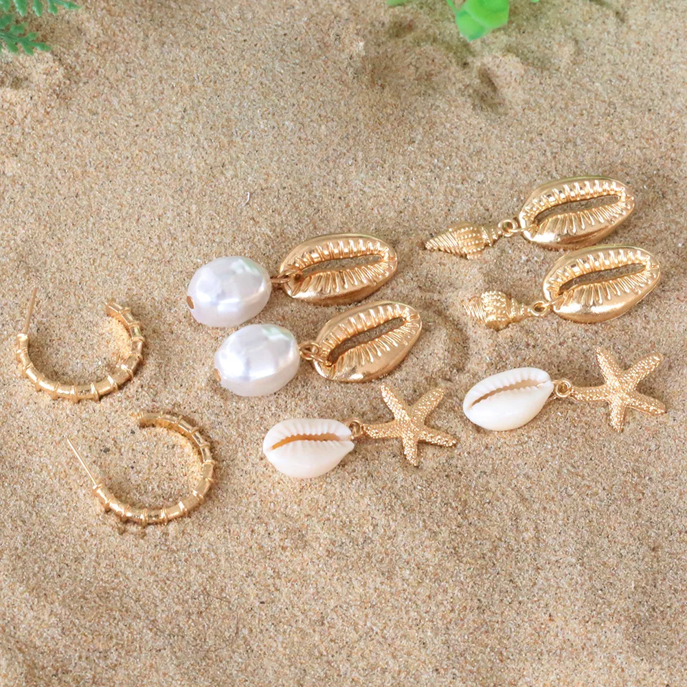 4Paris/set Bohemian Shell Irregular Imitation Pearl Conch Starfish Earrings Earrings