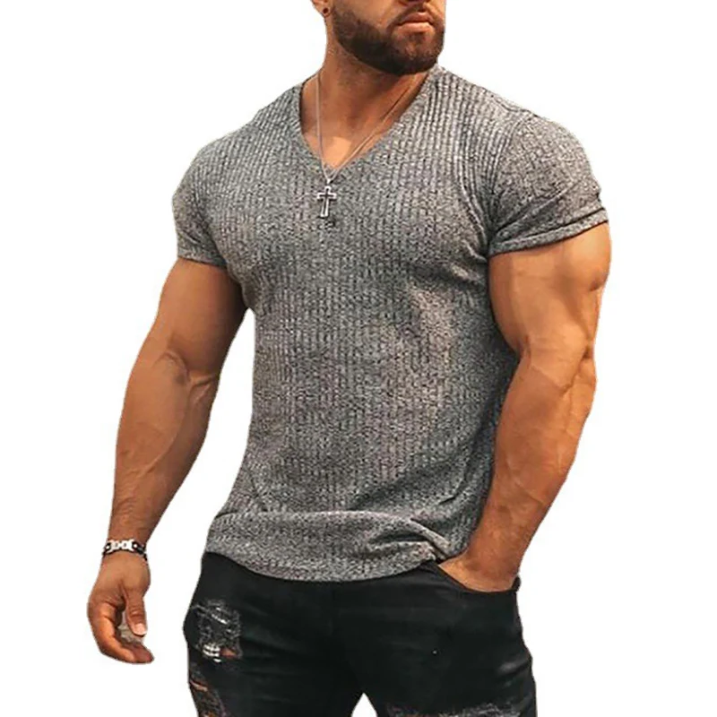 Męska koszulka z krótkim rękawem V Neck Fitness Slim Fit Sportowa koszulka Solid Fashion Strips Tees Tops Summer Knitted Gym Clothing