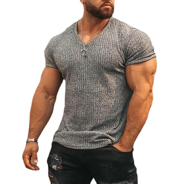 Męska koszulka z krótkim rękawem V Neck Fitness Slim Fit Sportowa koszulka Solid Fashion Strips Tees Tops Summer Knitted Gym Clothing