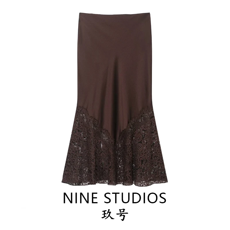 

High Waist Silk Satin Lace Patchwork Casual Skirt Women's High Waist H-ape Polyester Fabric European Sle Skirt 59922