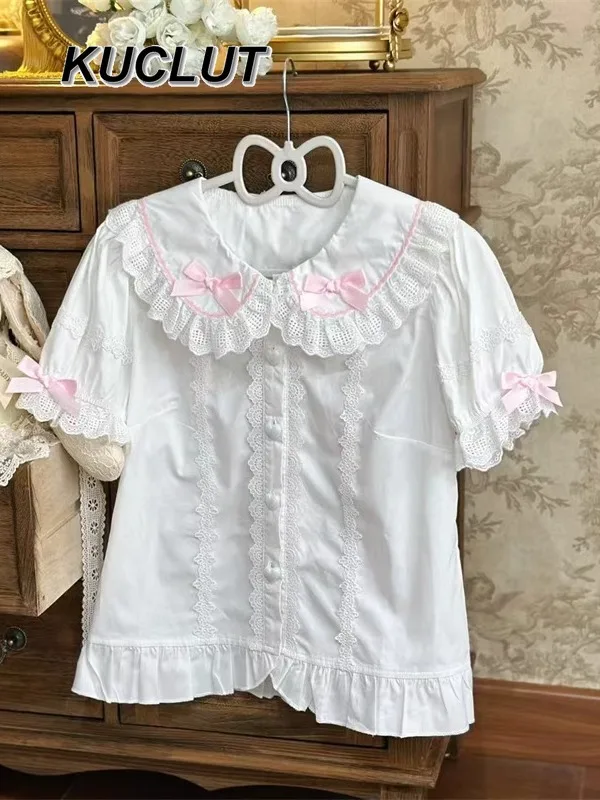 Women's Tops Summer Fashion White Shirt Original 2025 New Bow Doll Collar White Lolita Style Inner Short Sleeve Blouse