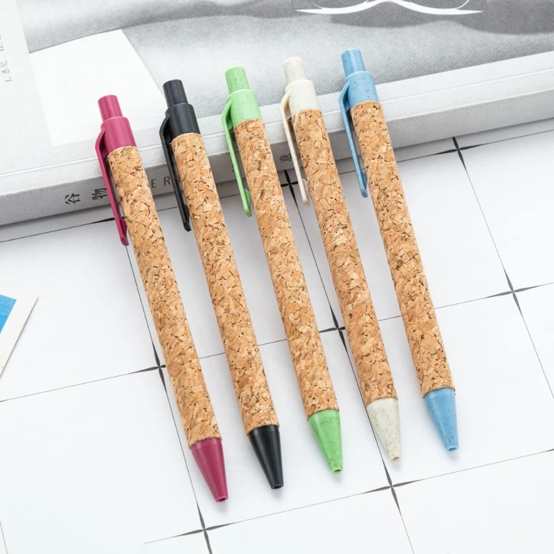 10Pcs Cork Ballpoint Pen Write Smoohtly, Office Signing Pen Retractable Ballpoint Pen with Pen Clip, for Hotel Reception