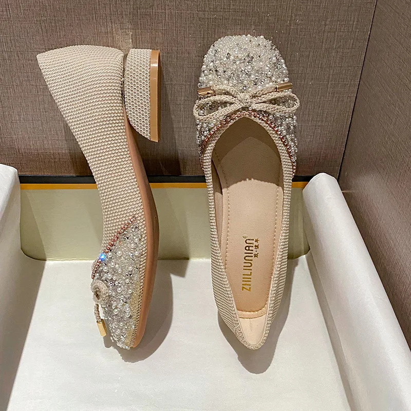 Plus Size 33-43 Women Pumps 3cm Heel Square Toe Lady Shoes Bling Pearls Diamonds Bowknot Design FSweet Wedding Party Shoes