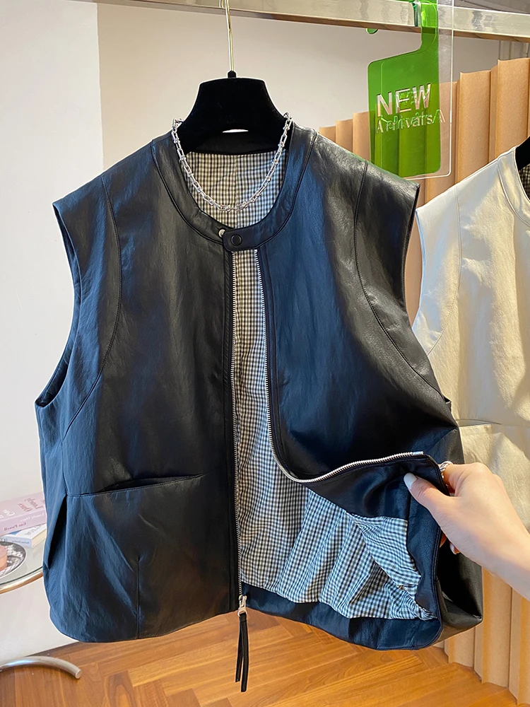 

Ретро американский черный жилет из искусственной кожи, мужской повседневный жилет Svel Faion, элитный весенне-осенний универсальный топ на молнии